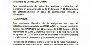 El Ayuntamiento de San Clemente libera de pagar la zona azul todos los sábados del verano