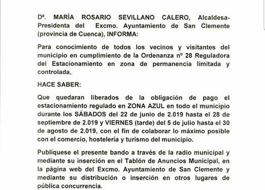 El Ayuntamiento de San Clemente libera de pagar la zona azul todos los sábados del verano
