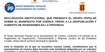 El Grupo Popular en el Ayuntamiento de Cuenca registra una Declaración Institucional para el pleno ordinario del 20 de diciembre sobre el Manifiesto por Cuenca