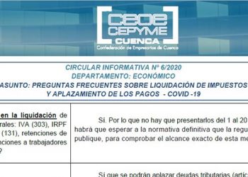 CEOE-Cepyme Cuenca informa a sus empresas sobre la liquidación de impuestos y el aplazamiento de pagos