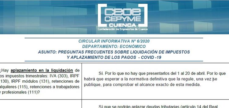 CEOE-Cepyme Cuenca informa a sus empresas sobre la liquidación de impuestos y el aplazamiento de pagos CEOE-Cepyme Cuenca informa a sus empresas sobre la liquidación de impuestos y el aplazamiento de pagos