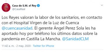 Los Reyes de España se ponen en contacto con el gerente del Hospital Virgen de la Luz para conocer los últimos datos de la pandemia