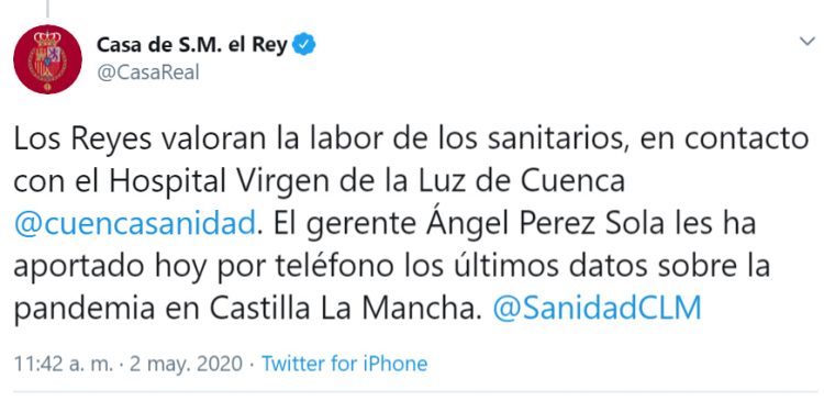 Los Reyes de España se ponen en contacto con el gerente del Hospital Virgen de la Luz para conocer los últimos datos de la pandemia
