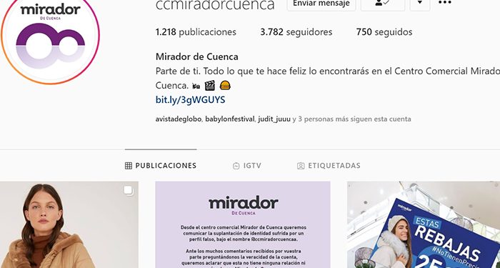 Suplantan la identidad del Centro comercial El Mirador de Cuenca en una cuenta de instagram