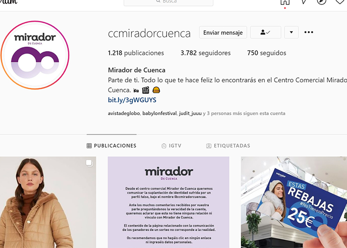Suplantan la identidad del Centro comercial El Mirador de Cuenca en una cuenta de instagram