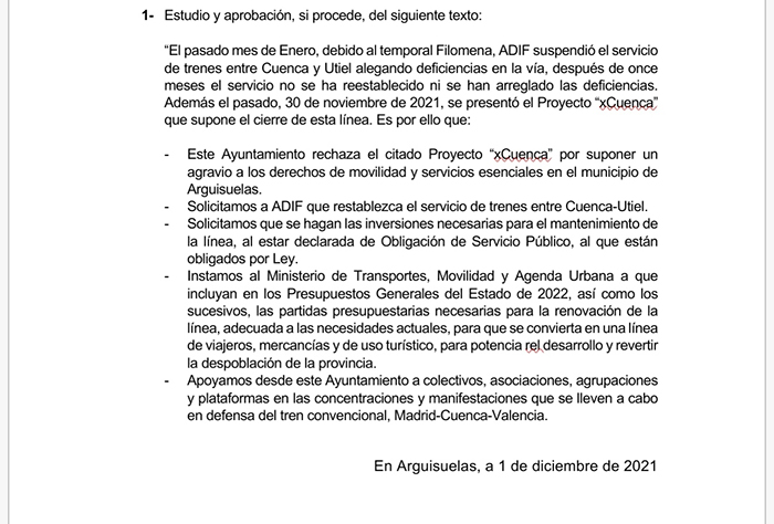PP, PSOE e IU aprueban una moción en defensa del ferrocarril en Arguisuelas
