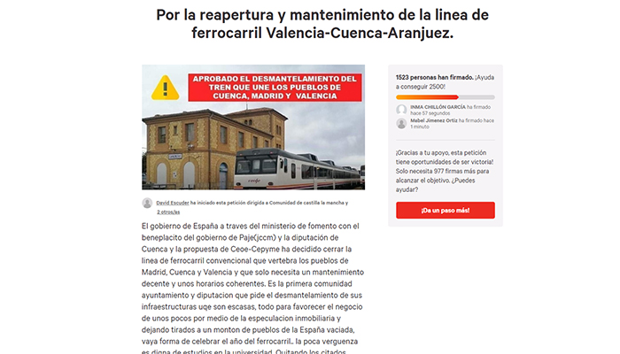 Una petición en change.org por la reapertura y mantenimiento de la linea de ferrocarril Valencia-Cuenca-Aranjuez logra superar las 1.500 firmas en pocas horas