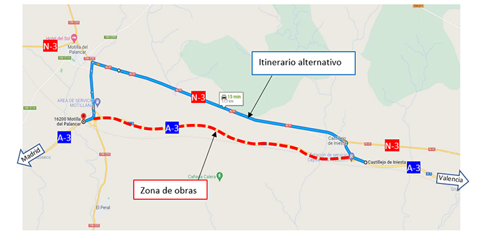 Afecciones al tráfico en la A-3 sentido Madrid entre Castillejo de Iniesta y Motilla del Palancar por obras de rehabilitación