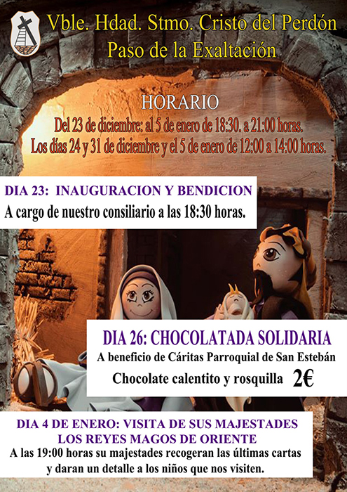 Una chocolatada solidaria y la visita de los Reyes Magos al Belén, actividades navideñas de La Exaltación